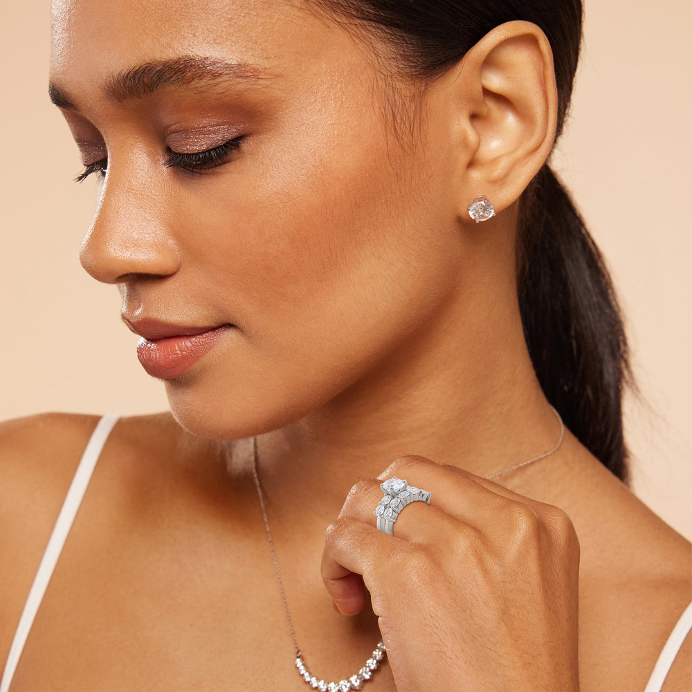 Model Wearing Five Stone Diamond Wedding Band view