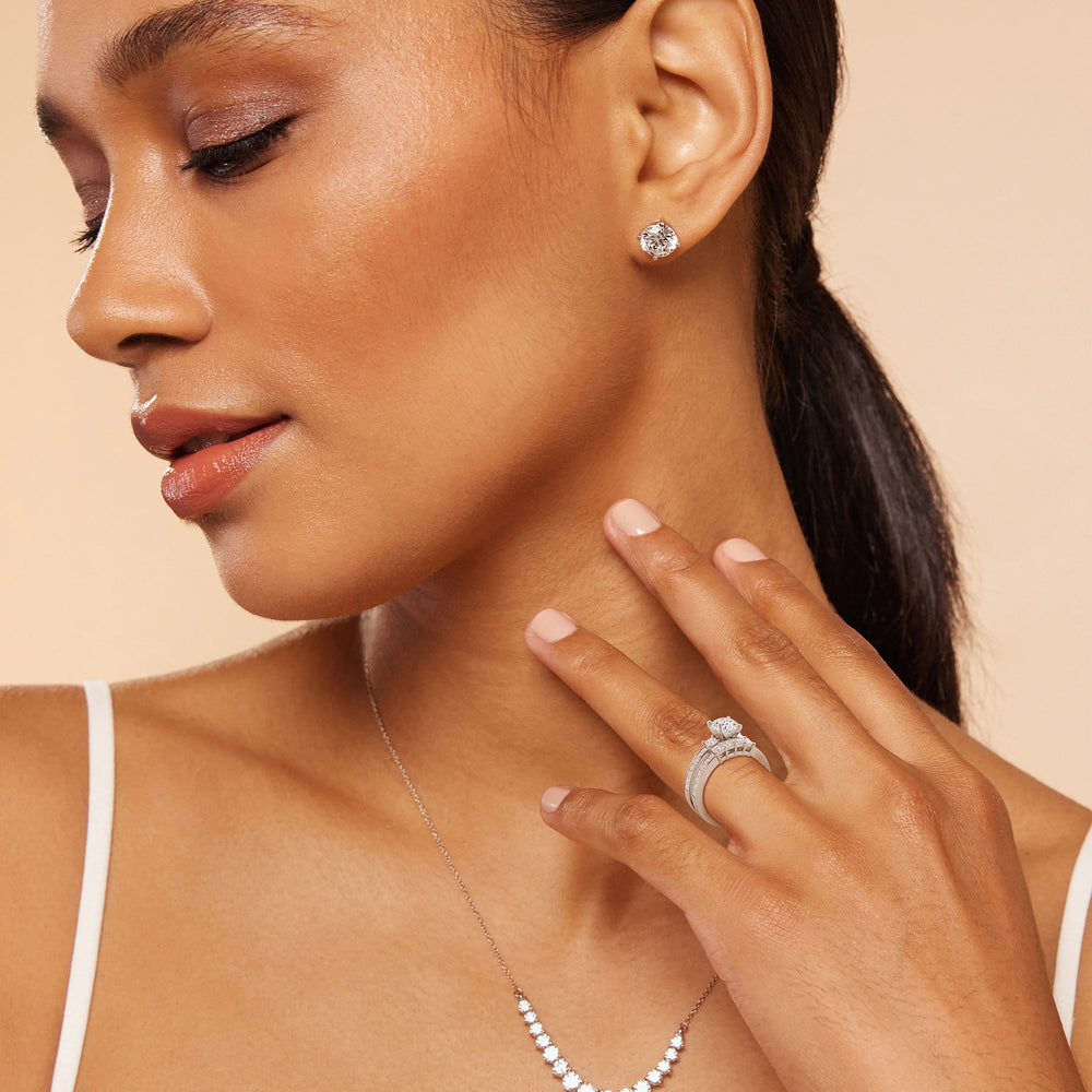 Model Wearing Three Stone Princess Studded Diamond Wedding Band view