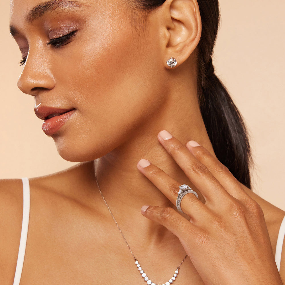 Model Wearing Three Stone Pear Diamond Wedding Band view