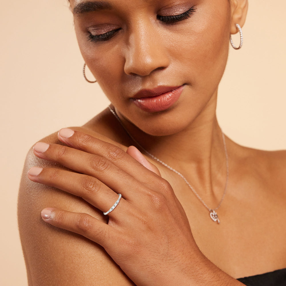 Model Wearing Baguette Side Stone Diamond Wedding Band view