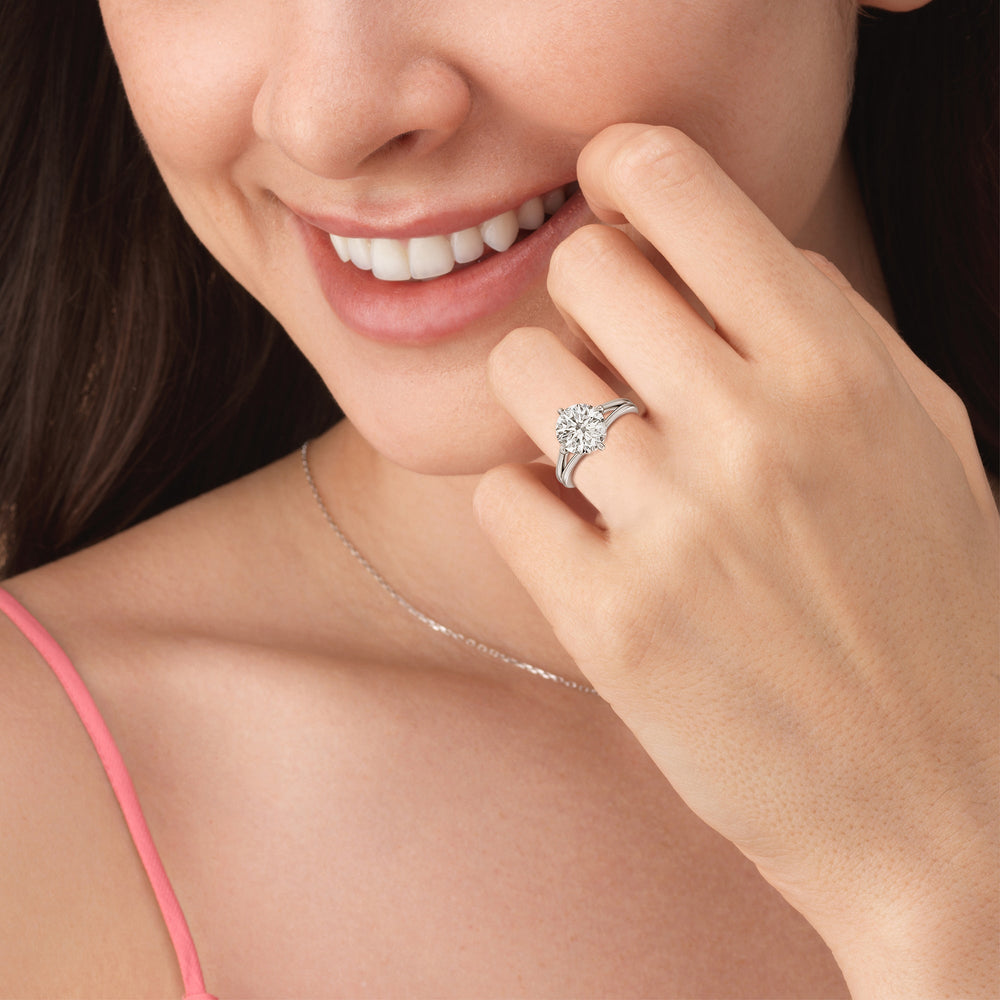 Model Wearing Elegance Hidden Halo Engagement Ring with Lab Grown Diamond view