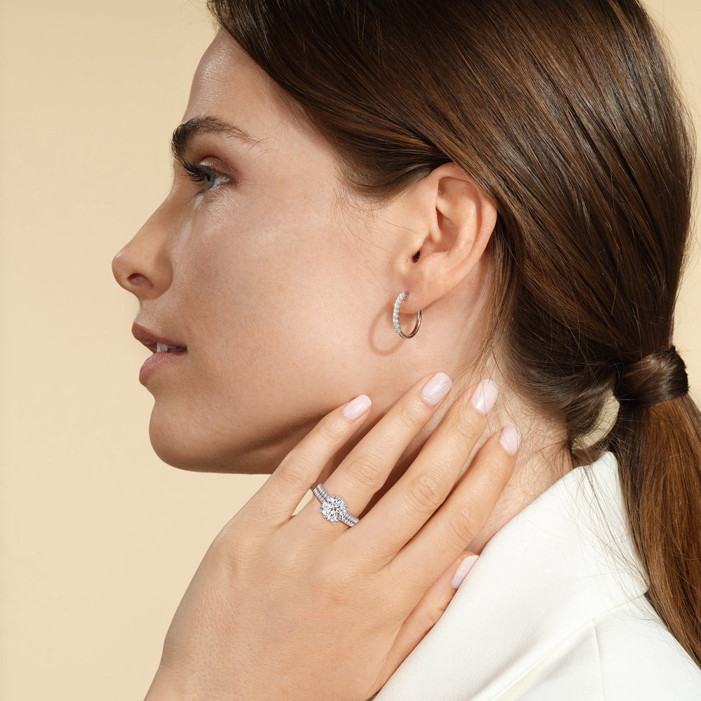 Model Wearing Double Row Pave Ascending Hidden Halo Engagement Ring view