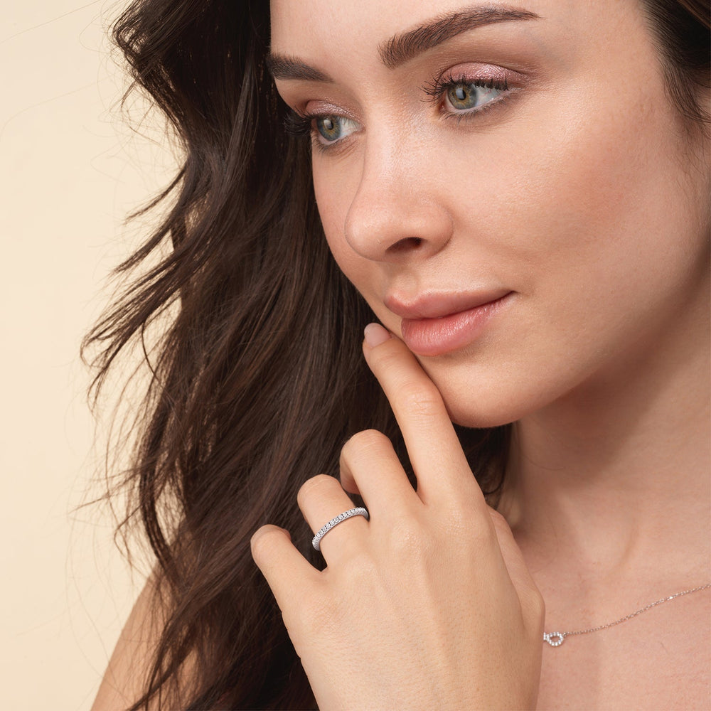 Model Wearing Double Row Pave Ascending Hidden Halo Diamond Wedding Band view