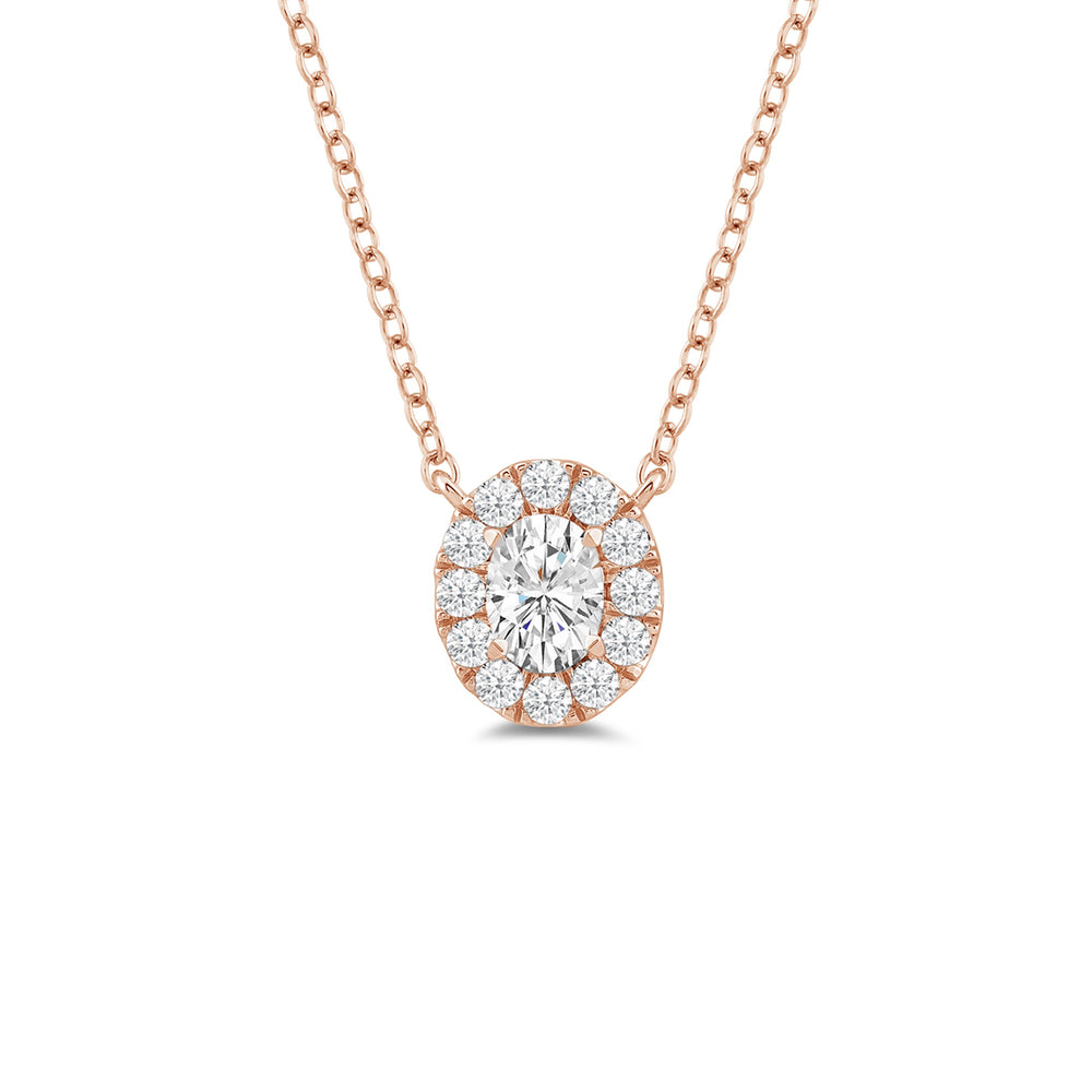Halo Oval Lab Created Diamond Necklace with 18KT Rose Gold / Lab / 3/4 Cut Diamond in 14KT Rose Gold / Lab / 3/4 view 4
