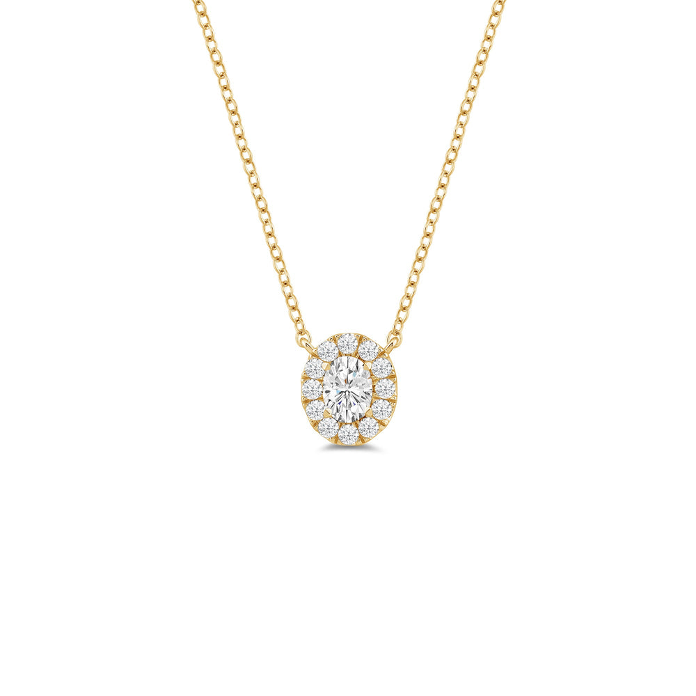 Halo Oval Lab Created Diamond Necklace with 18KT Yellow Gold / Lab / 3/4 Cut Diamond in 14KT Yellow Gold / Lab / 3/4 view 1
