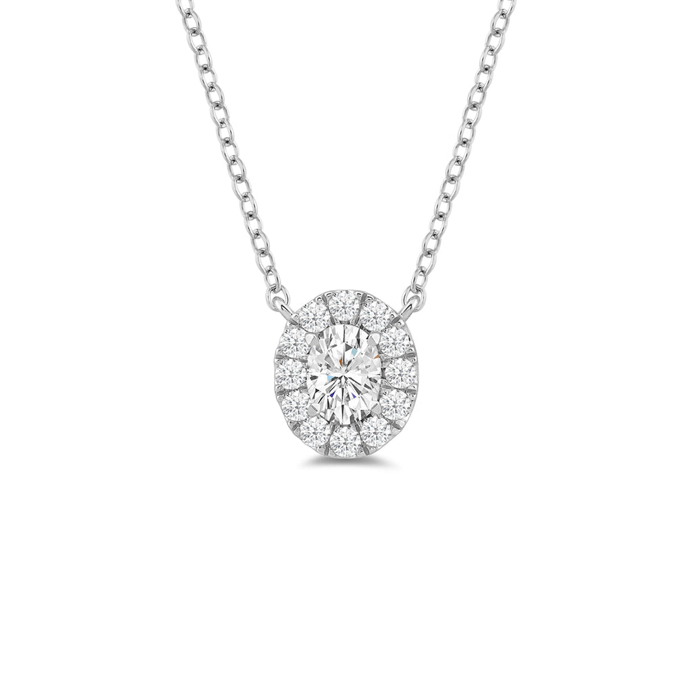 Halo Oval Lab Created Diamond Necklace with 18KT White Gold / Lab / 3/4 Cut Diamond in 14KT White Gold / Lab / 3/4 view 4
