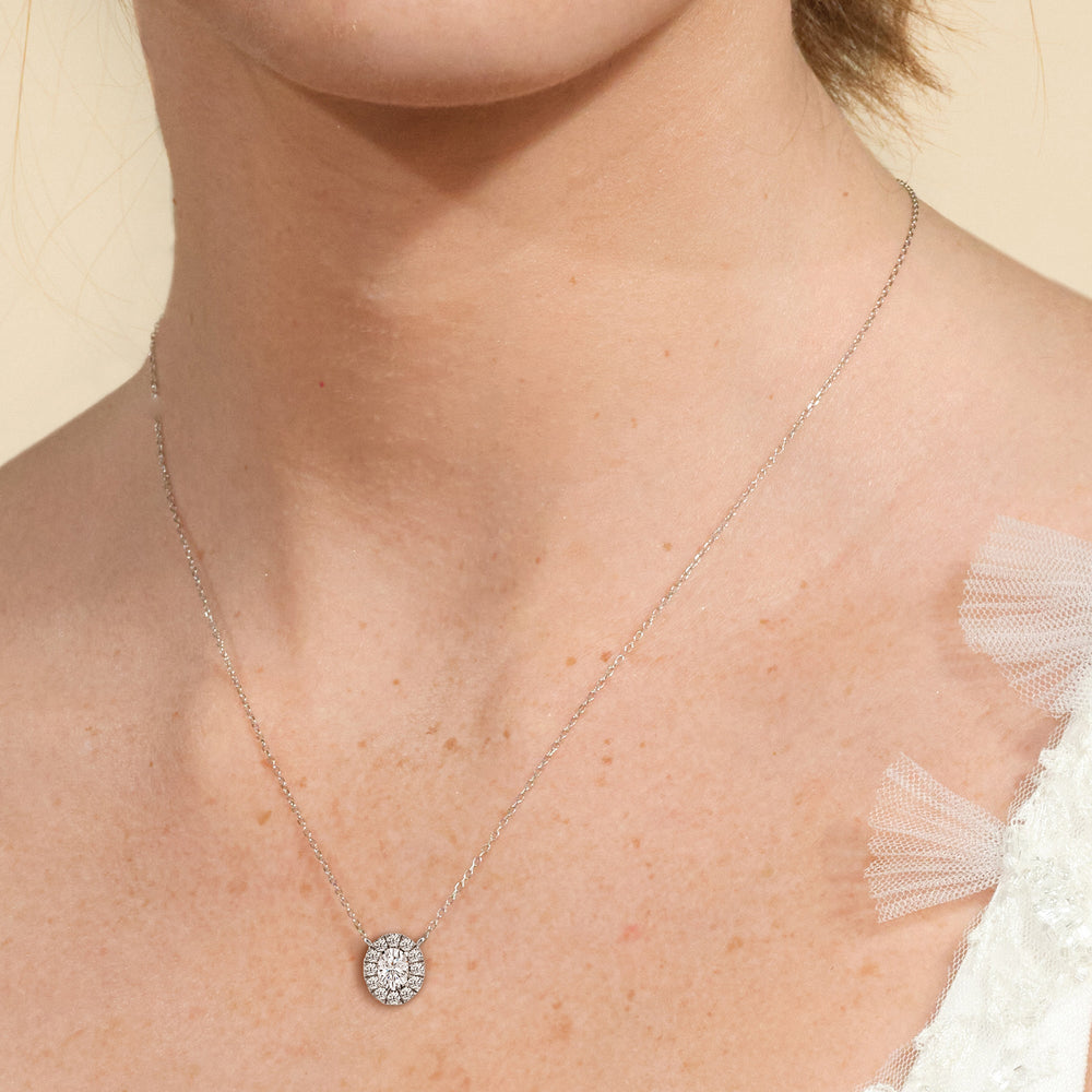 Halo Oval Lab Created Diamond Necklace with 18KT Rose Gold / Lab / 3/4 Cut Diamond in 14KT Rose Gold / Lab / 3/4 view 2
