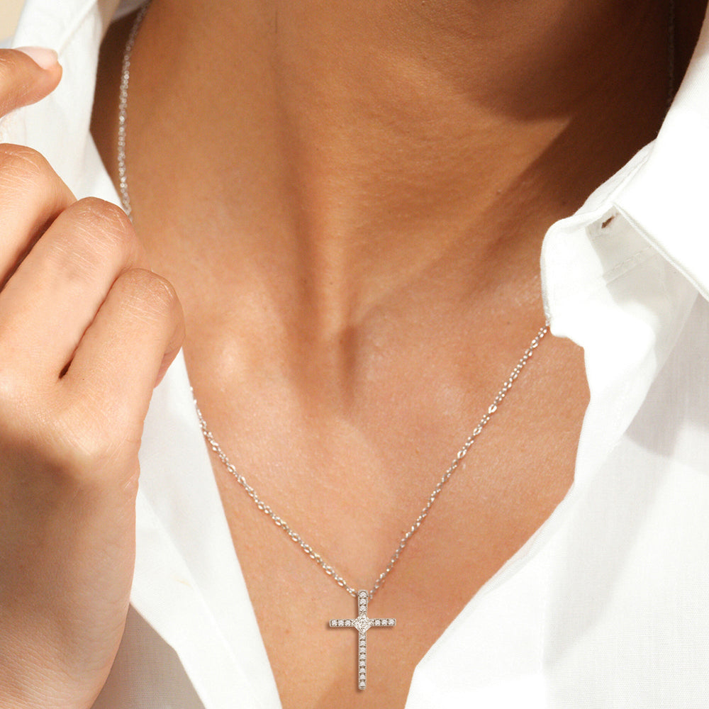 Model Wearing Kite Set Princess Lab Created Diamond Cross Pendant view