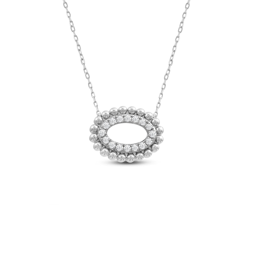 East West Oval Shape Beads and Pave Diamond Necklace with 18KT White Gold / Lab / 1/8 Cut Diamond in 14KT White Gold / Lab / 1/8 view 1
