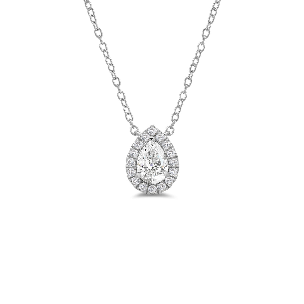 Halo Pear Lab Created Diamond Necklace with 18KT White Gold / Lab / 3/4 Cut Diamond in 14KT White Gold / Lab / 3/4 view 1
