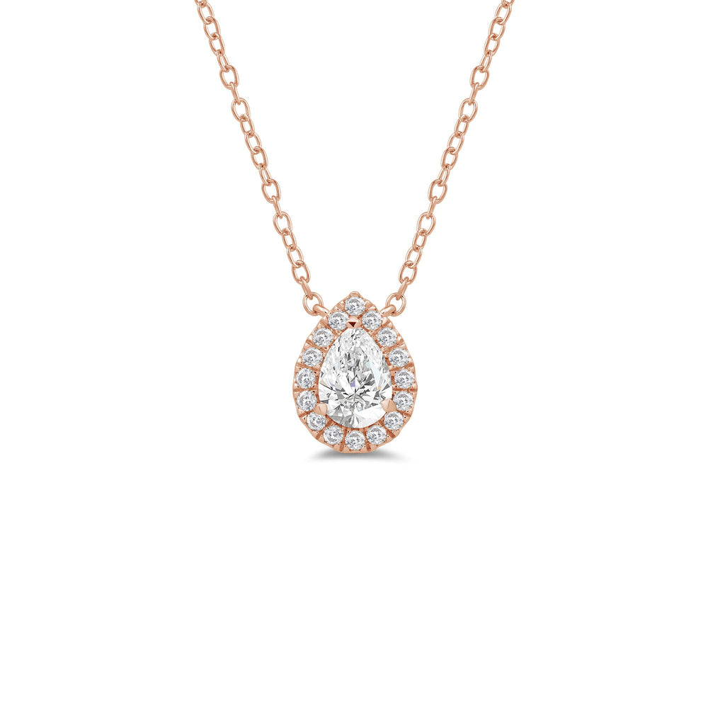 Halo Pear Lab Created Diamond Necklace with 18KT Rose Gold / Lab / 3/4 Cut Diamond in 14KT Rose Gold / Lab / 3/4 view 1
