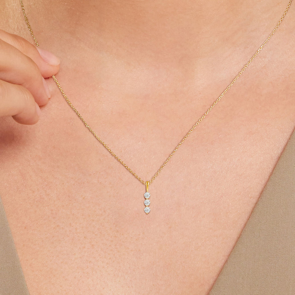 Model Wearing Lab Three Stone Diamond Journey Pendant view