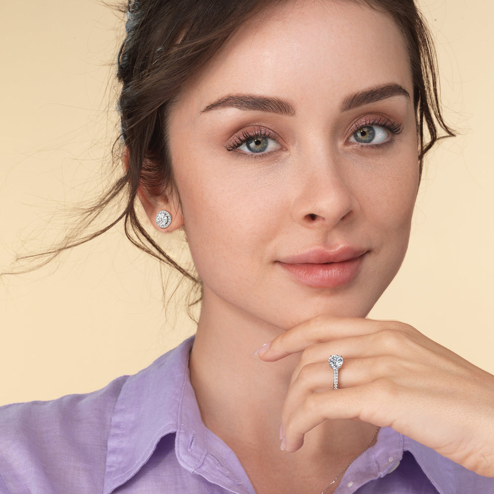 Round Diamond Halo Earrings with 18KT White Gold / Lab / 3 1/2 Cut Diamond in 14KT White Gold / Lab / 3 1/2 view 2
