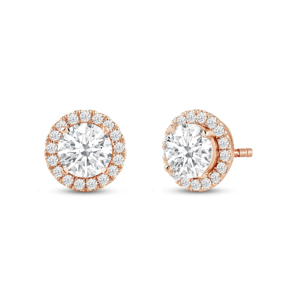 Round Diamond Halo Earrings with 18KT Rose Gold / Lab / 3 1/2 Cut Diamond in 14KT Rose Gold / Lab / 3 1/2 view 1

