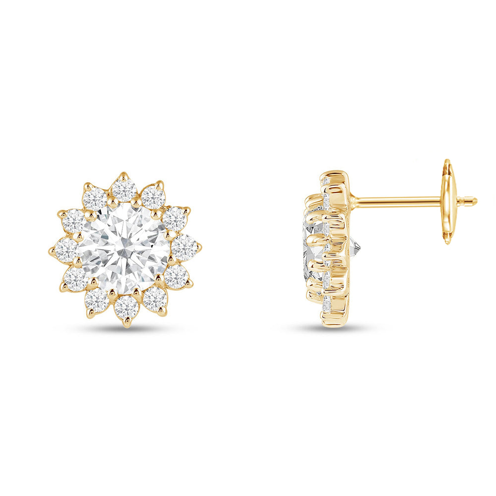 Flower Halo Diamond Earrings with 18KT Yellow Gold / Lab / 3 3/4 Cut Diamond in 14KT Yellow Gold / Lab / 3 3/4 view 5
