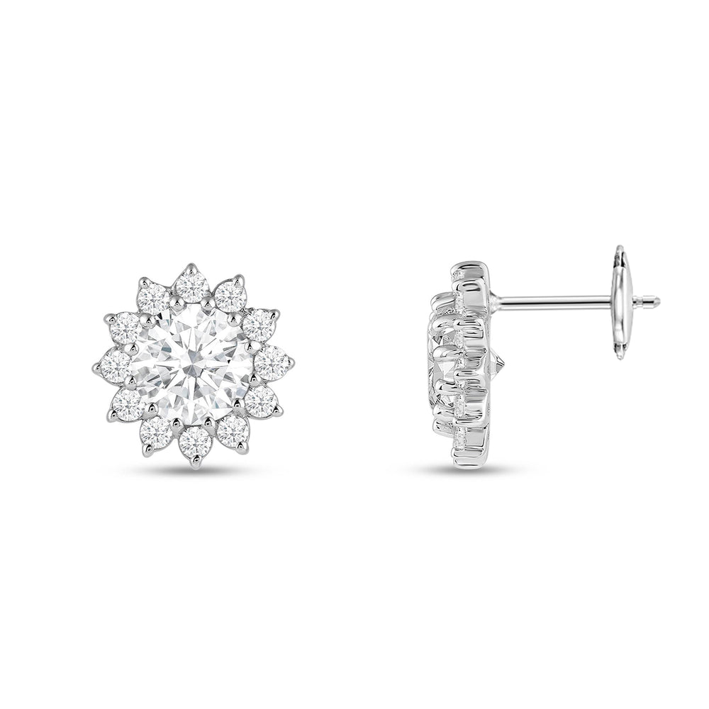 Flower Halo Diamond Earrings with 18KT White Gold / Lab / 2 1/2 Cut Diamond in 14KT White Gold / Lab / 2 1/2 view 5
