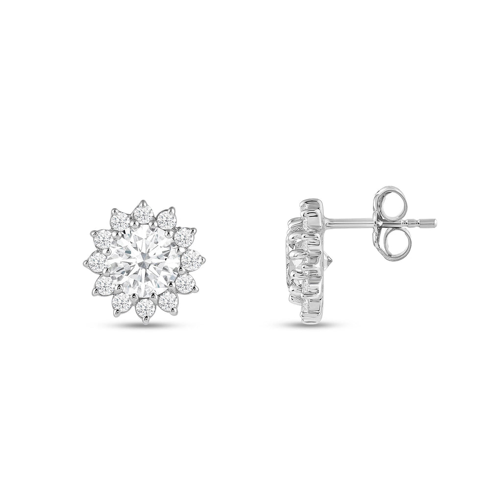 Flower Halo Diamond Earrings with 18KT White Gold / Lab / 3/4 Cut Diamond in 14KT White Gold / Lab / 3/4 view 5
