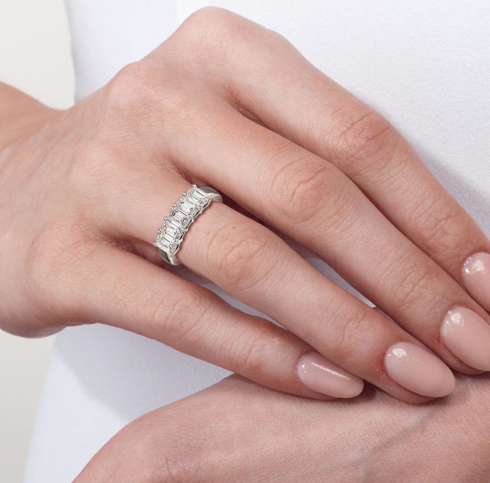 Model Wearing Five Stone Emerald Cut Diamond Ring view