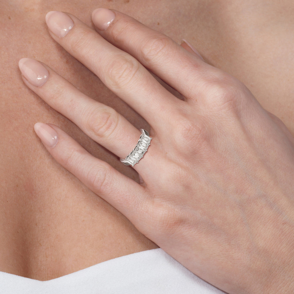 Model Wearing Five Stone Emerald Cut Diamond Ring view