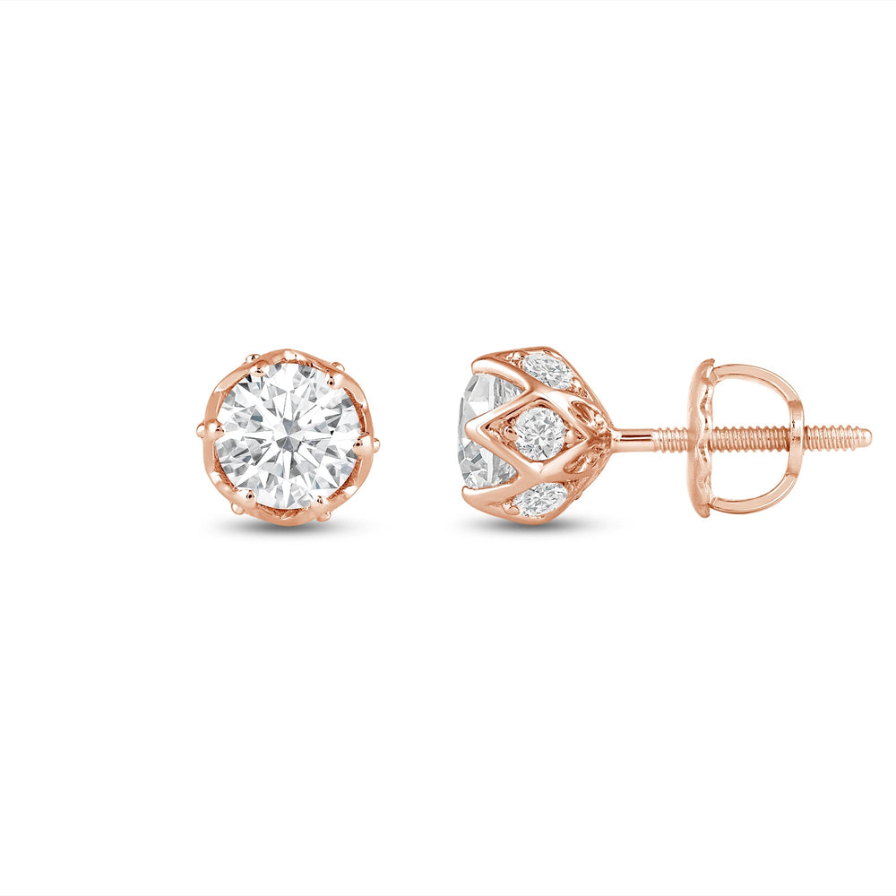 Six Prong Ornate Basket Diamond Stud Earrings with 18KT Rose Gold / Lab / 1 Cut Diamond in 14KT Rose Gold / Lab / 1 view 3
