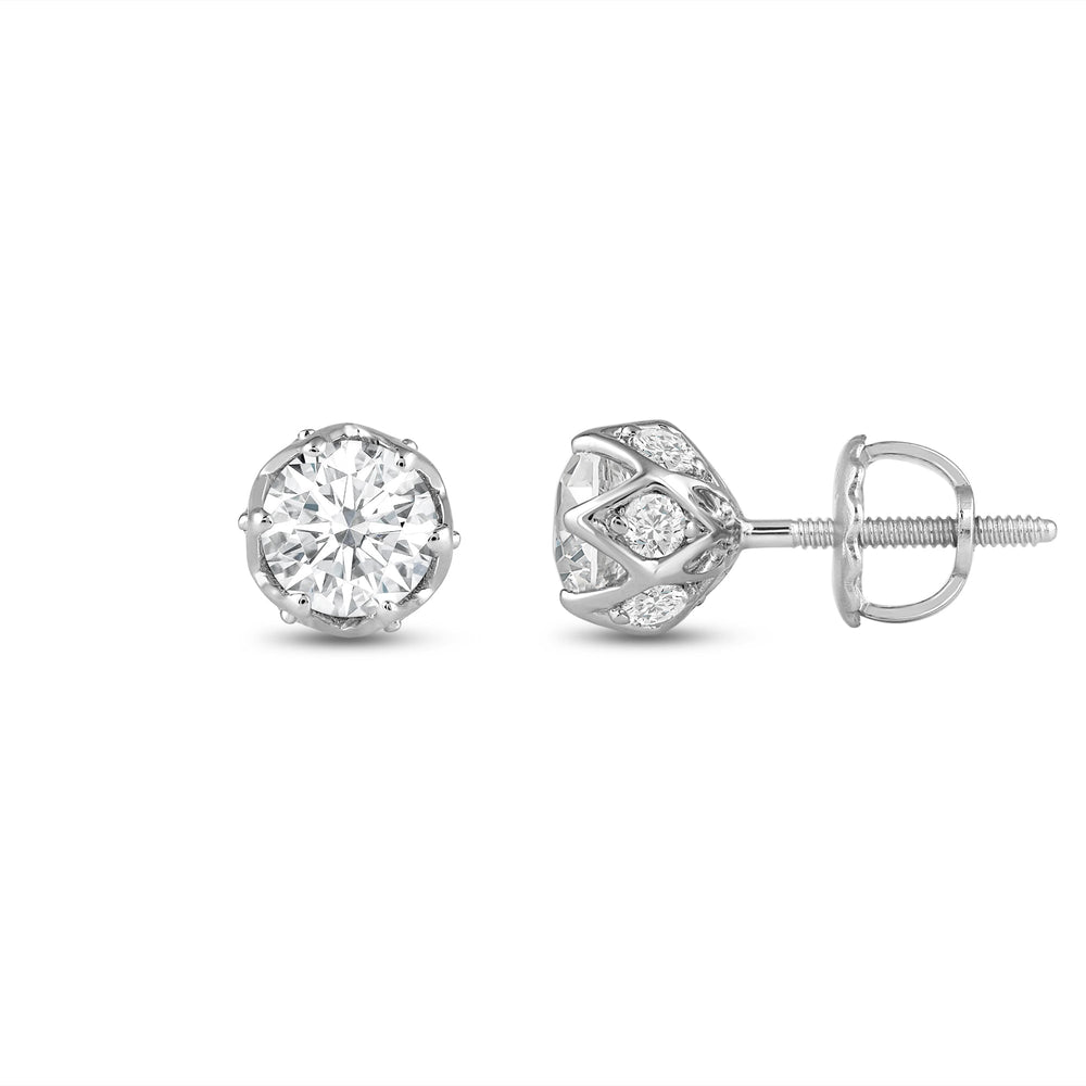 Six Prong Ornate Basket Diamond Stud Earrings with 18KT White Gold / Lab / 1 Cut Diamond in 14KT White Gold / Lab / 1 view 3
