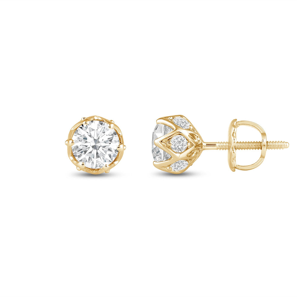 Six Prong Ornate Basket Diamond Stud Earrings with 18KT Yellow Gold / Lab / 1 Cut Diamond in 14KT Yellow Gold / Lab / 1 view 3
