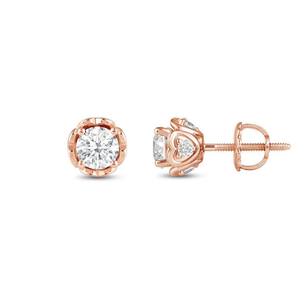 Four Prong Heart Basket Diamond Stud Earrings with 18KT Rose Gold / Lab / 1 Cut Diamond in 14KT Rose Gold / Lab / 1 view 3
