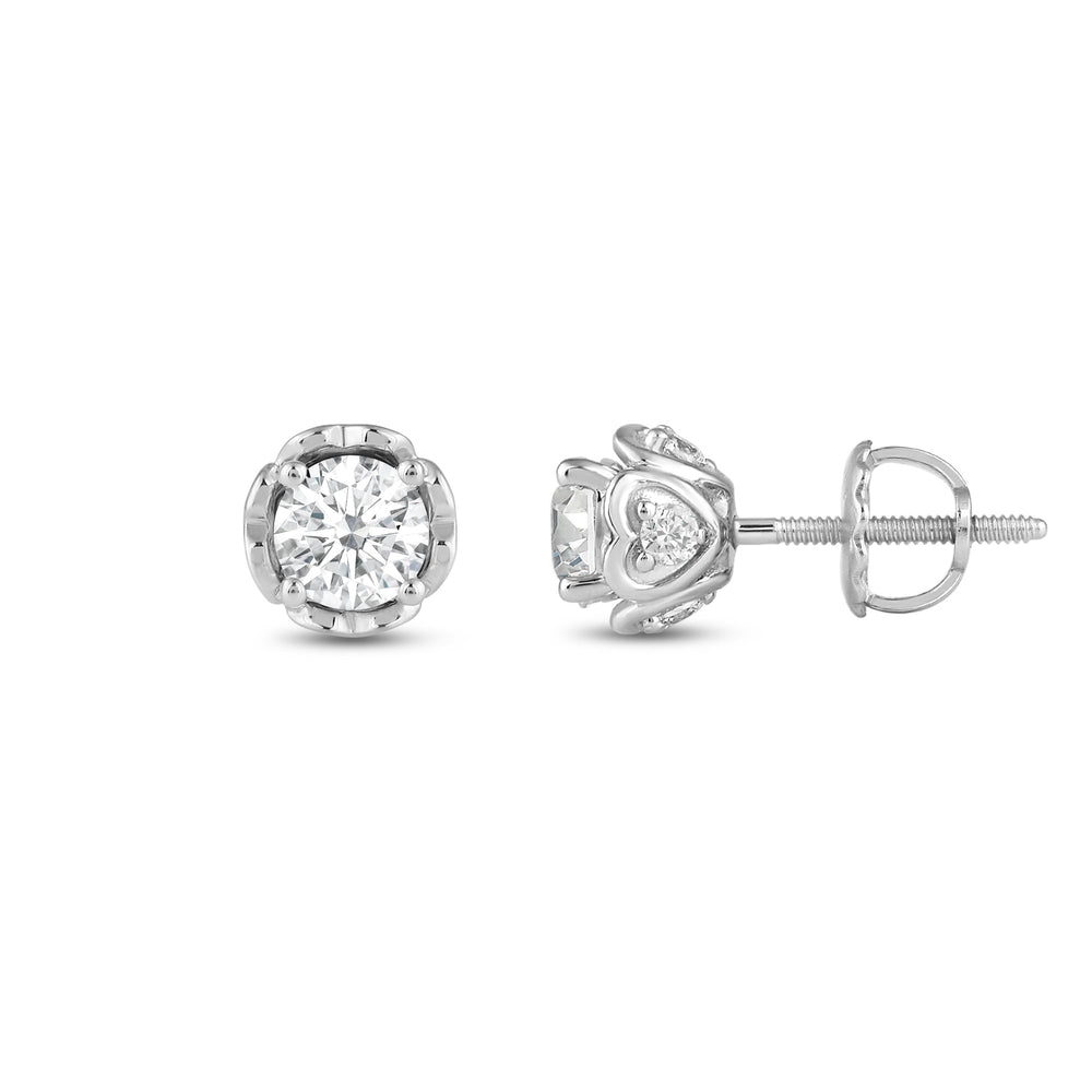 Four Prong Heart Basket Diamond Stud Earrings with 18KT White Gold / Lab / 1 Cut Diamond in 14KT White Gold / Lab / 1 view 3
