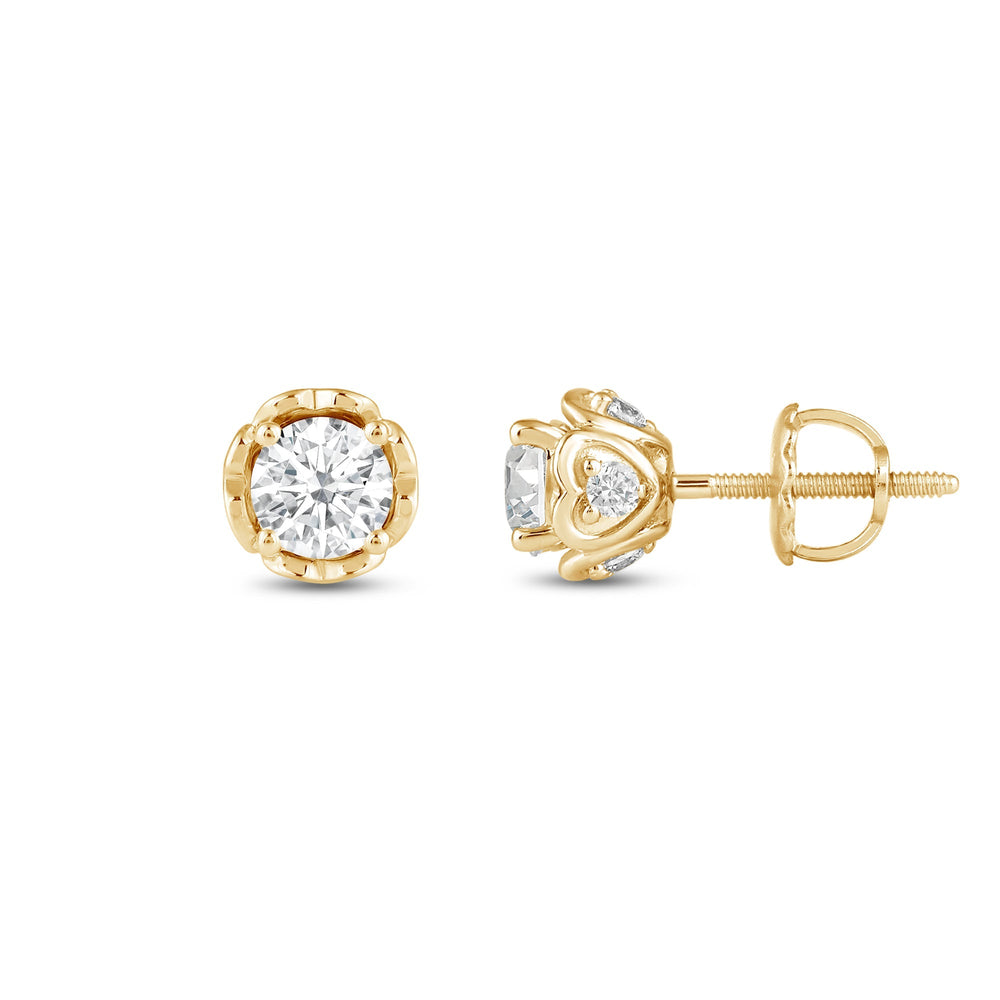 Four Prong Heart Basket Diamond Stud Earrings with 18KT Yellow Gold / Lab / 1 Cut Diamond in 14KT Yellow Gold / Lab / 1 view 3
