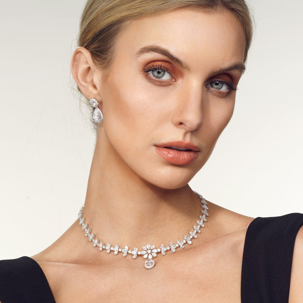 Model Wearing Classic Oval Halo Dangle Choker Necklace view