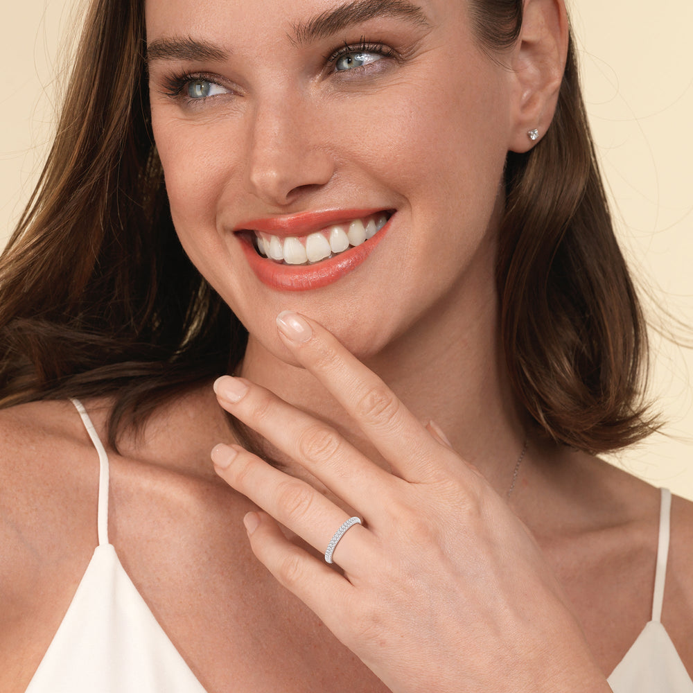 Model Wearing Elegance Slim Dome Eternity Ring view