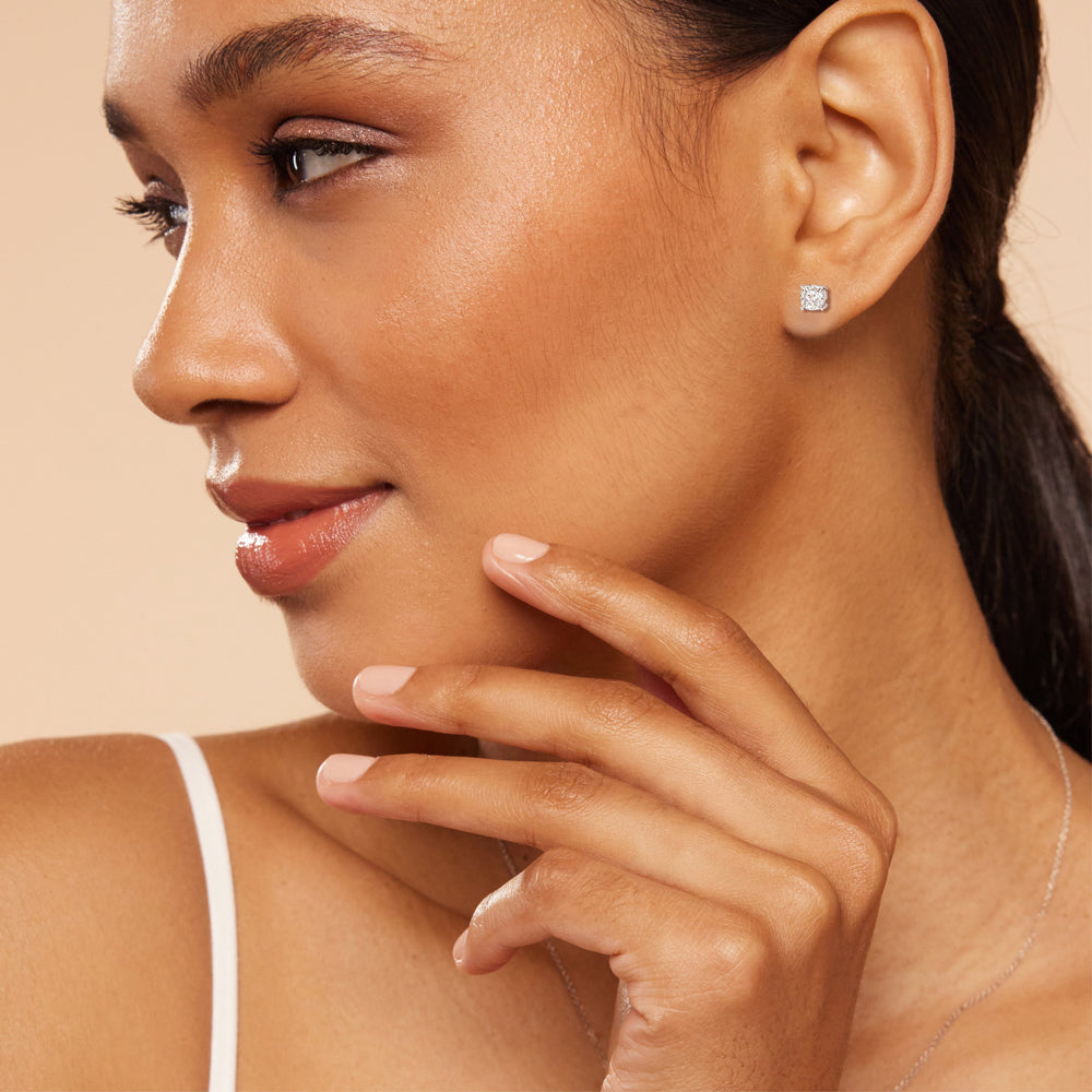 Classic Cushion Stud Earrings with 18KT Yellow Gold / Lab / 1 Cut Diamond in 14KT Yellow Gold / Lab / 1 view 3
