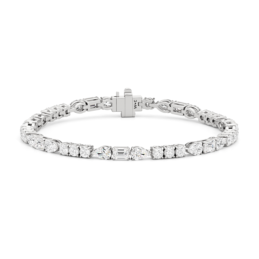 Pear, Emerald and Round Linear Tennis Bracelet with 6 Cut Diamond in 14KT White Gold view 1
