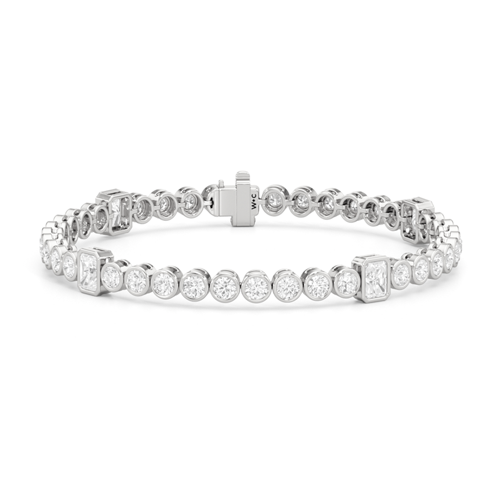 Stationed Radiant Bezel Set Tennis Bracelet with Lab Cut Diamond in 14KT White Gold view 1
