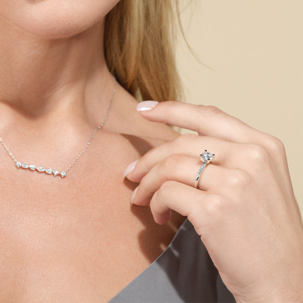 Model Wearing Lyra Medi Traditional Pave Diamond Engagement Ring view