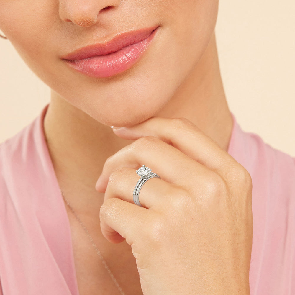 Model Wearing Arc Hidden Halo Diamond Wedding Band view