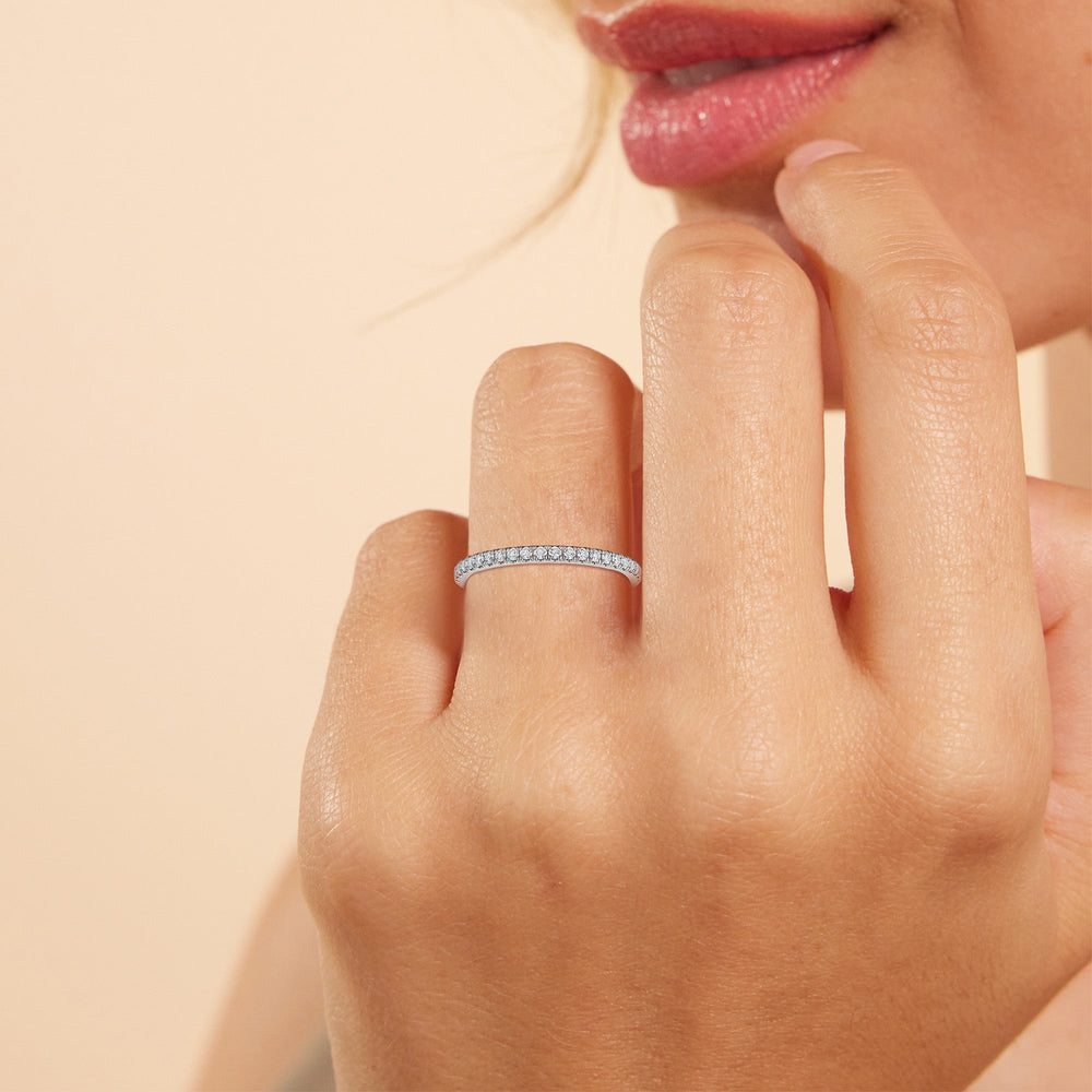 Model Wearing Curved Petite Micropave Diamond Wedding Band view