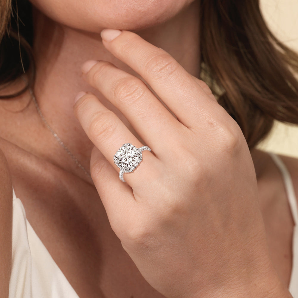 Model Wearing Elegance Baguette Halo Pave Engagement Ring with Lab Grown Diamond view