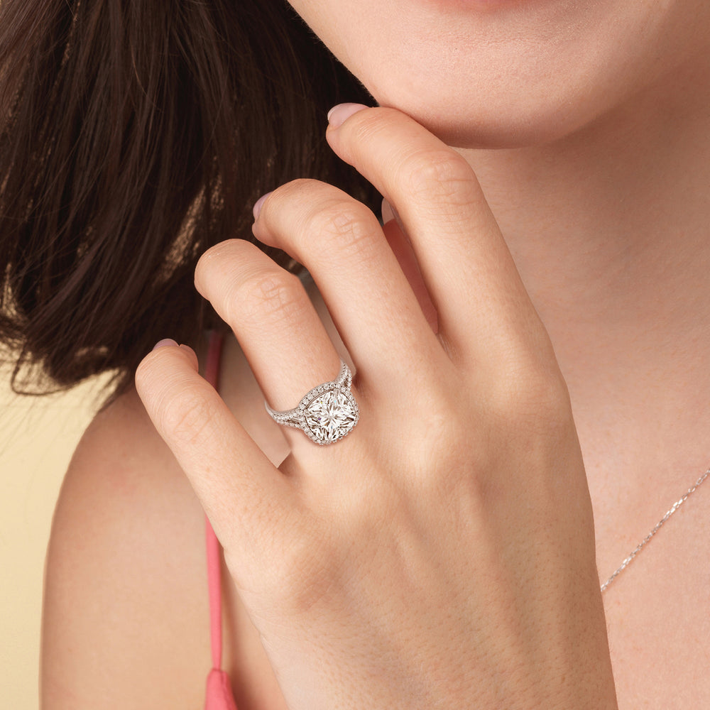 Model Wearing Elegance Split Shank Halo Engagement Ring with Lab Grown Diamond view