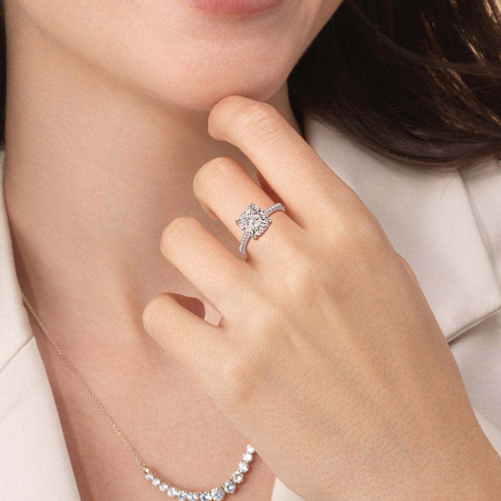 Model Wearing Elegance Hidden Halo and Pave Diamond Engagement Ring with Lab Grown Diamond view