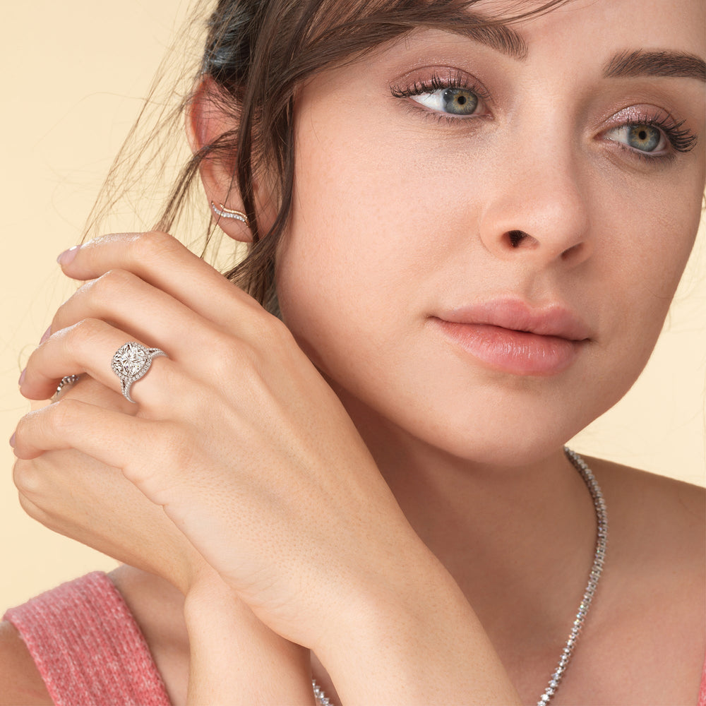 Model Wearing Elegance Split Shank Halo Engagement Ring with Lab Grown Diamond view