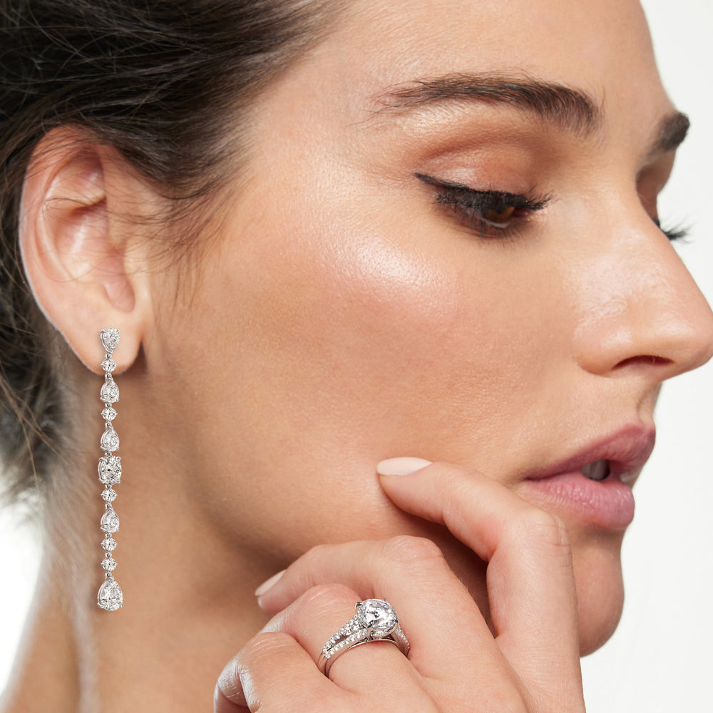 Model Wearing Pear Round and Oval Diamonds Single Line Long Earring view