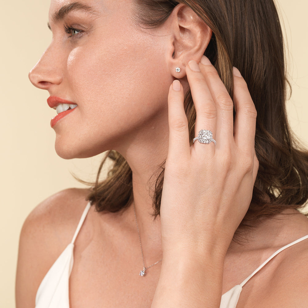 Model Wearing Elegance Baguette Halo Pave Engagement Ring with Lab Grown Diamond view