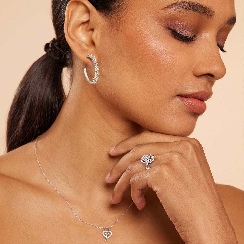 Model Wearing Mixed Fancy Shape Diamond Hoop Earrings view