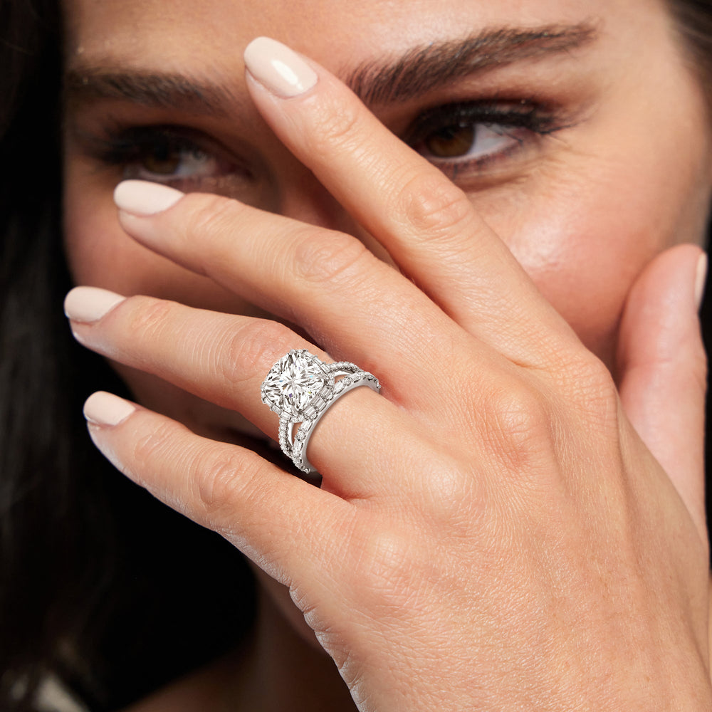 Model Wearing Elegance Baguette Halo Pave Diamond Wedding Band view