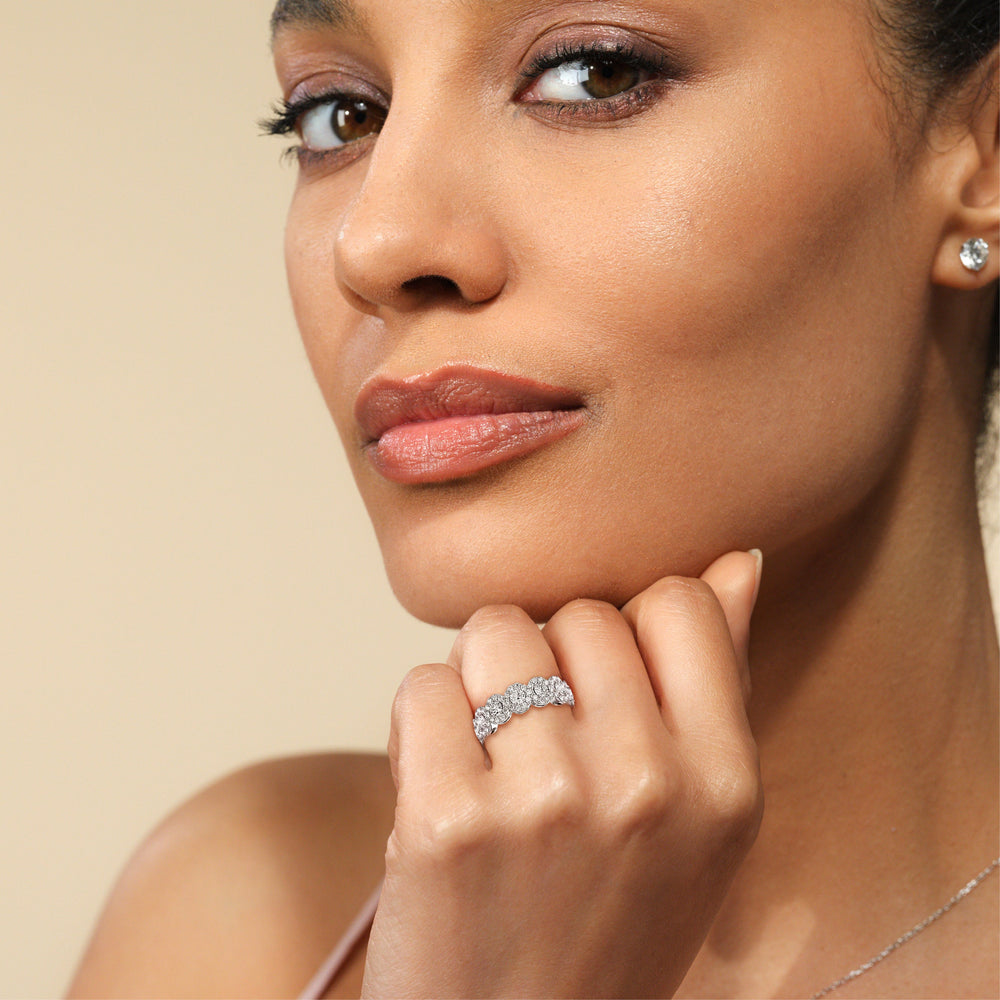Model Wearing Round Halo Anniversary Ring view