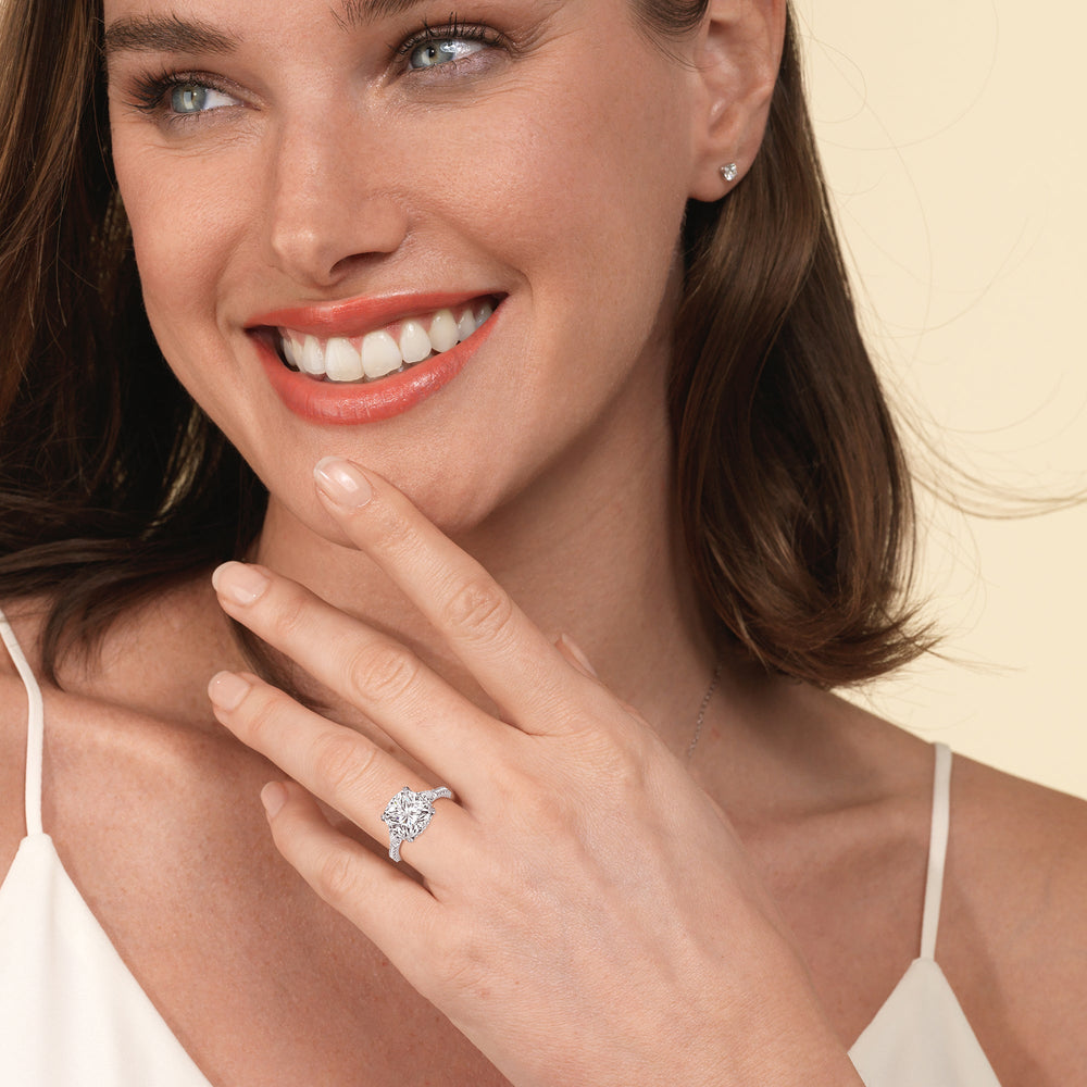 Model Wearing Elegance Trillion Diamond Three Stone Engagement Ring with Lab Grown Diamond view