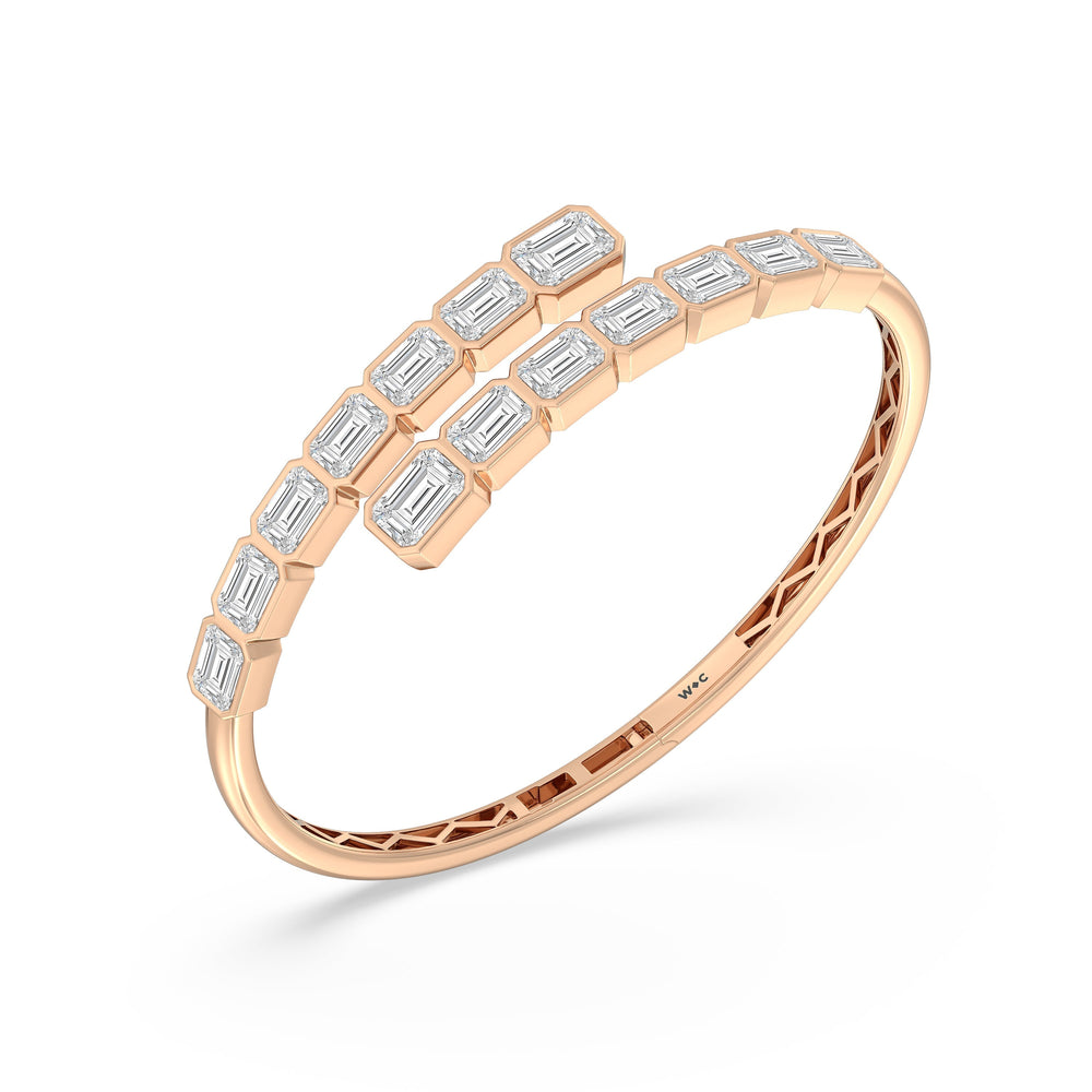 Bezel Bypass Emerald Openable Oval Bangle with Lab Cut Diamond in 14KT Rose Gold view 3
