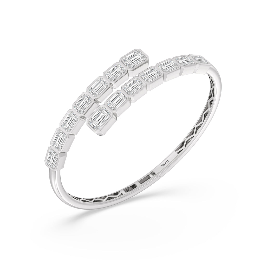 Bezel Bypass Emerald Openable Oval Bangle with Lab Cut Diamond in 14KT White Gold view 3
