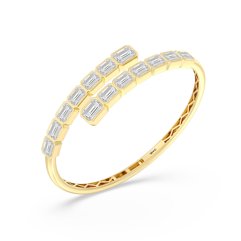 Bezel Bypass Emerald Openable Oval Bangle with Lab Cut Diamond in 14KT Yellow Gold view 3

